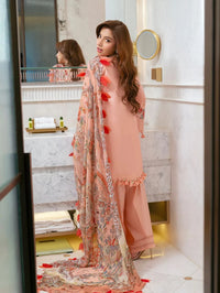 DANANEER IN JADE'S PEACH-3PC DHANAK EMBROIDERED SHIRT WITH WOOL PRINTED SHAWL WITH EMB TROUSER-SJ-5890
