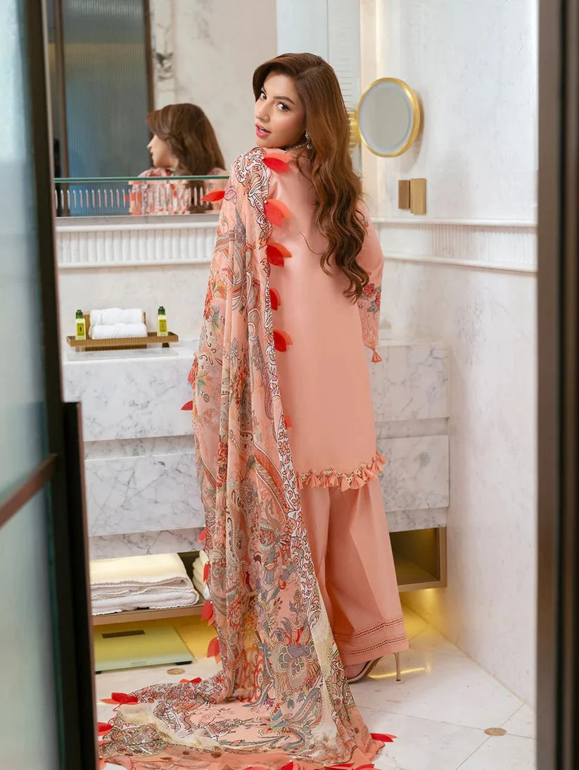 DANANEER IN JADE'S PEACH-3PC DHANAK EMBROIDERED SHIRT WITH WOOL PRINTED SHAWL WITH EMB TROUSER-SJ-5890