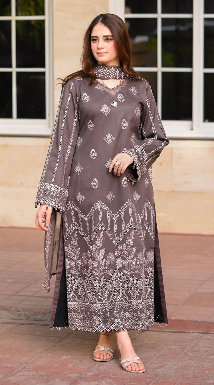 '- 3PC DHANAK EMBROIDERED SHIRT WITH DHANAK EMBROIDERED SHAWL AND TROUSER - NS 915