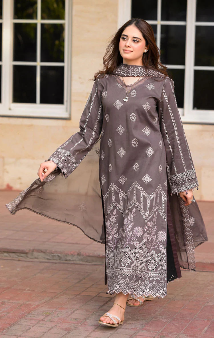 '- 3PC DHANAK EMBROIDERED SHIRT WITH DHANAK EMBROIDERED SHAWL AND TROUSER - NS 915
