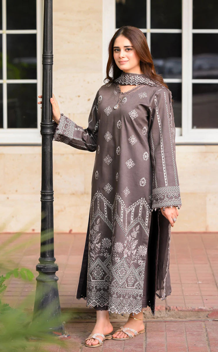 '- 3PC DHANAK EMBROIDERED SHIRT WITH DHANAK EMBROIDERED SHAWL AND TROUSER - NS 915