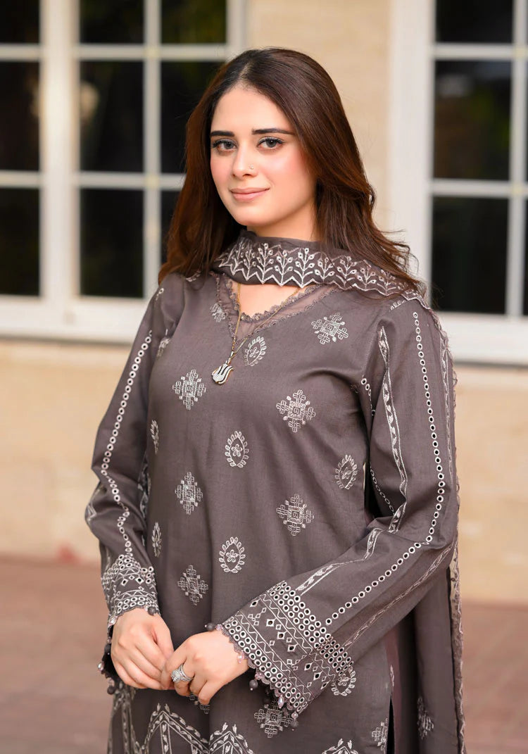 '- 3PC DHANAK EMBROIDERED SHIRT WITH DHANAK EMBROIDERED SHAWL AND TROUSER - NS 915