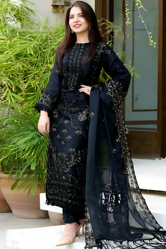 Black Linen 3PC Embroidered - 1020W