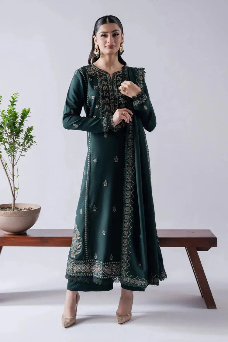 '-3PC DHANAK EMBROIDERED SHIRT WITH DHANAK EMBROIDERED SHAWL & TROUSER-BIC- 670