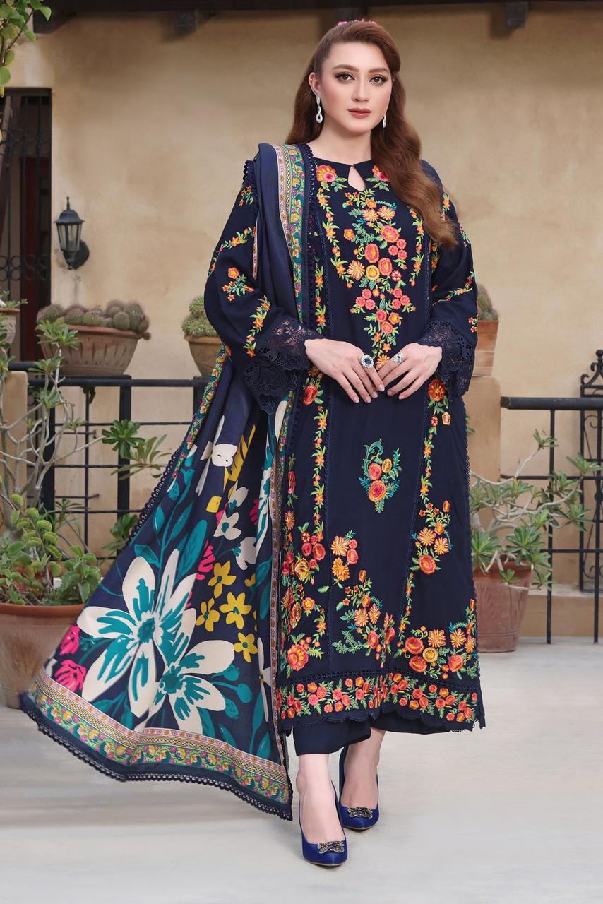 '-3PC DHANAK EMBROIDERED SHIRT WITH DHANAK EMBROIDERED SHAWL & TROUSER- 676