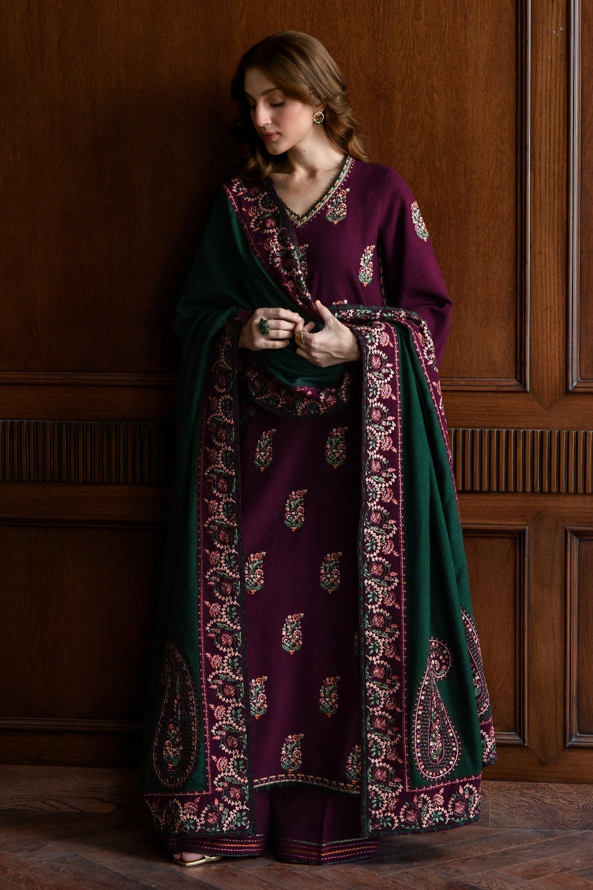 '-3PC DHANAK EMBROIDERED SHIRT WITH DHANAK EMBROIDERED SHAWL AND TROUSER- 678