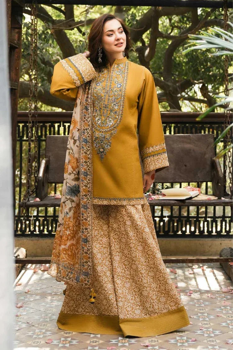 SAPPHIRE-3PC DHANAK EMBROIDERED SHIRT WITH WOOL PRINTED SHWAL AND PRINT TROUSER 3PC-SJ-1690