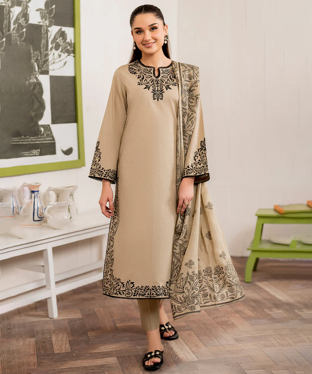 '- 3PC DHANAK EMBROIDERED UNSTITCHED DRESS - 221