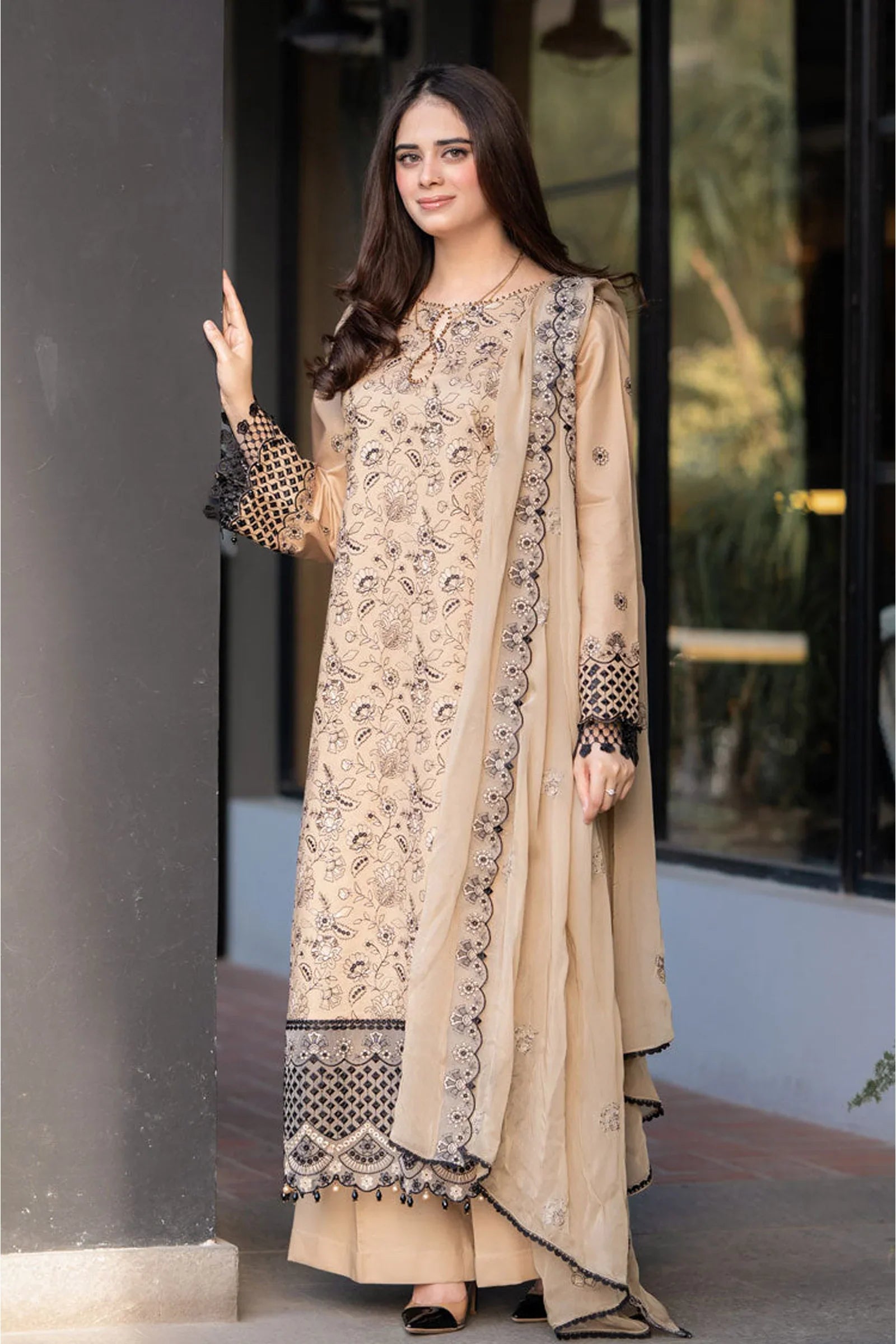 '- 3PC DHANAK EMBROIDERED UNSTITCHED DRESS - 223