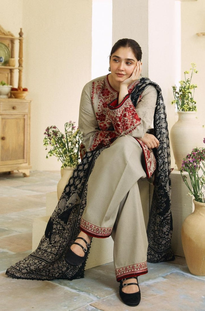3 Piece Unstitched Heavy Embroidered Dhanak Suit ( Fine Printed Wool Shawl ) ZS 57