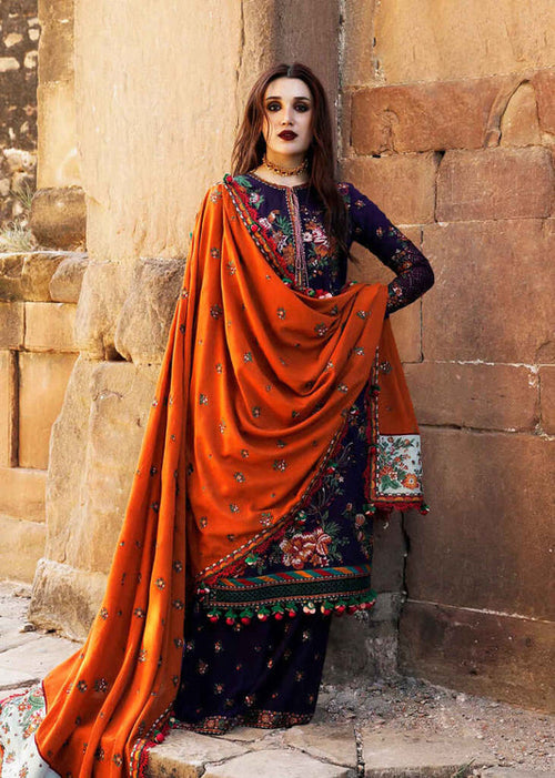 3 Piece Embroidered Dhanak Shirt with Embroidered Dhanak Shawl - AJ 680 - Back