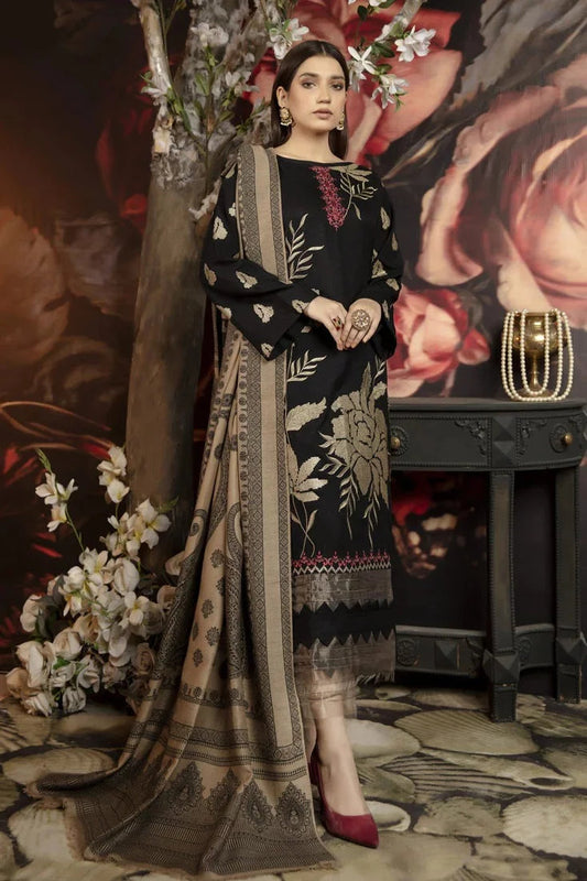 3 Piece Embroidered Dhanak Shirt with Printed Wool Shawl - MJ 1090