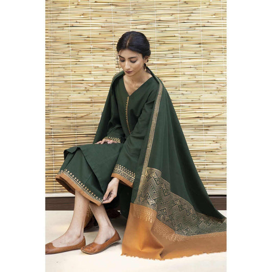 3 Piece Dhanak Shirt with Printed Wool Shawl - BR 1075