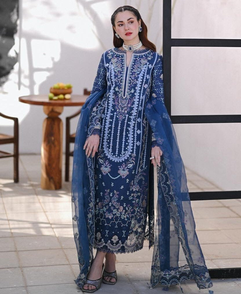 UNSTITCH 3 Piece Embroidered Lawn Shirt with Embroidered Organza Dupatta 2545