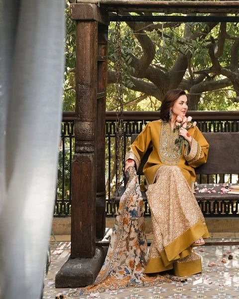 SAPPHIRE-3PC DHANAK EMBROIDERED SHIRT WITH WOOL PRINTED SHWAL AND PRINT TROUSER 3PC-SJ-1690