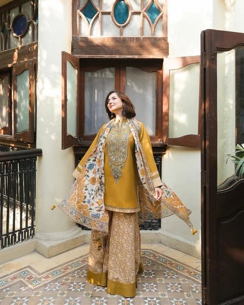SAPPHIRE-3PC DHANAK EMBROIDERED SHIRT WITH WOOL PRINTED SHWAL AND PRINT TROUSER 3PC-SJ-1690
