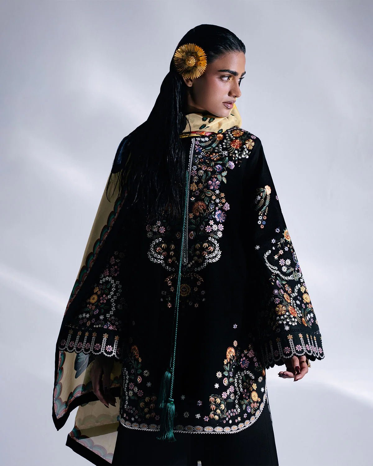 JUGNU AYA-3PC DHANAK EMBROIDERED SHIRT WITH WOOL PRINTED SHAWL  AND TROUSER-SJ-5176