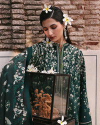 HUSSAIN REHAR-3PC DHANAK EMBROIDERED SHIRT WITH COUTRAI PRINTED SHAWL AND EMB TROUSER SJ-5002
