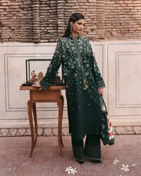 HUSSAIN REHAR-3PC DHANAK EMBROIDERED SHIRT WITH COUTRAI PRINTED SHAWL AND EMB TROUSER SJ-5002