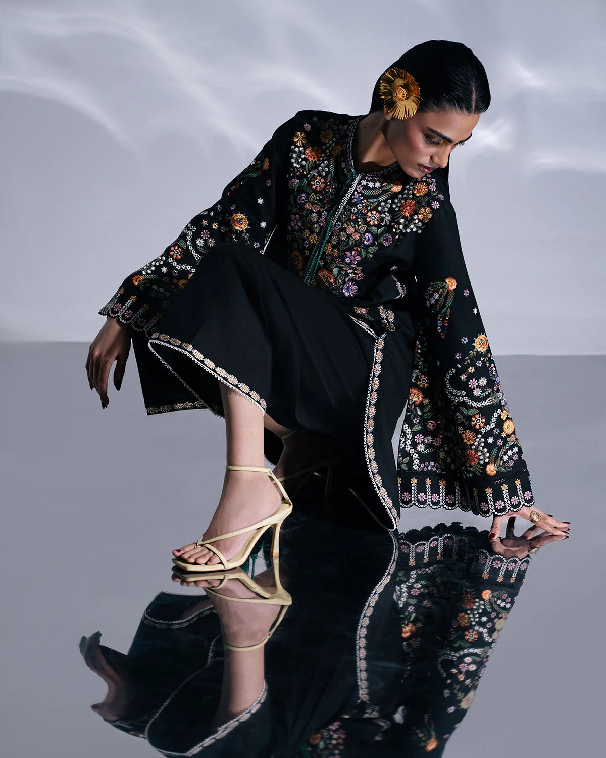 JUGNU AYA-3PC DHANAK EMBROIDERED SHIRT WITH WOOL PRINTED SHAWL  AND TROUSER-SJ-5176